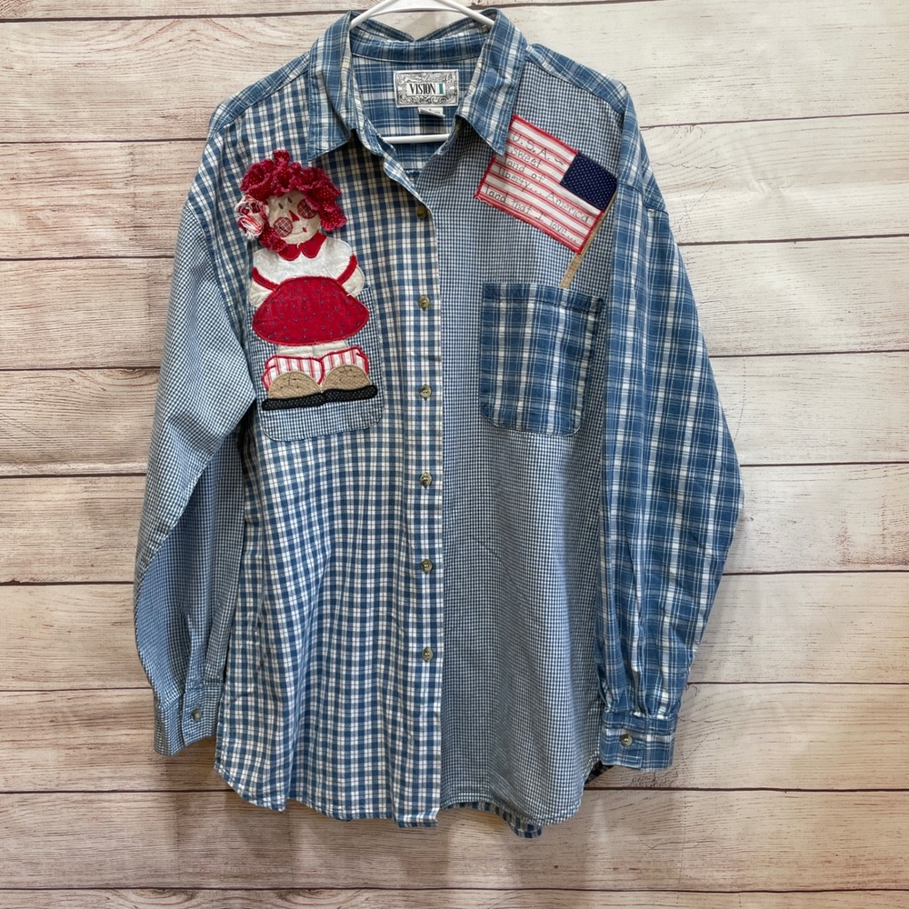 VINTAGE VISION I PATCHWORK‎ GINGHAM SHIRT WITH APPLIQUED RAGGEDY ANN